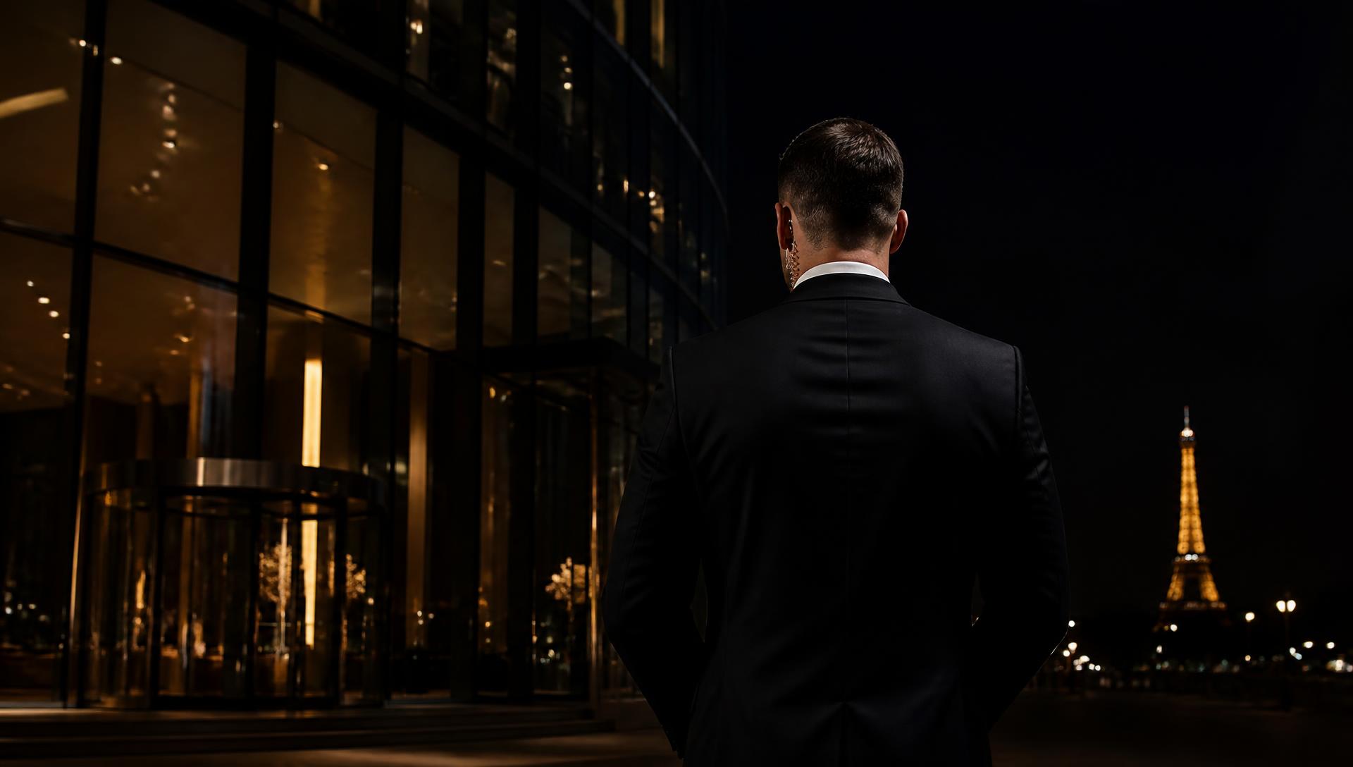 Agent de sécurité en costume devant un immeuble parisien la nuit